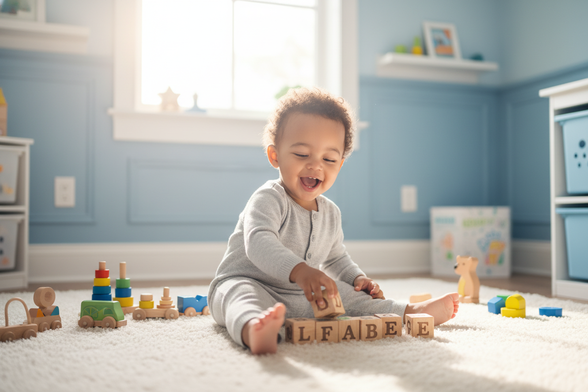 A toddler plays with wooden alphabet blocks in a sunlit nursery decorated in soft sky blue, bright white, and slate blue.