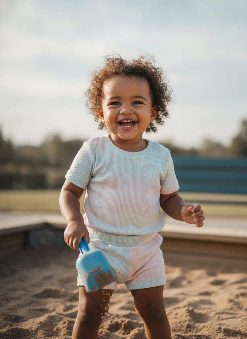 Toddler girl playing in a sandbox at a park, wearing a pastel ALFABEE RIBINO set, with a joyful expression.