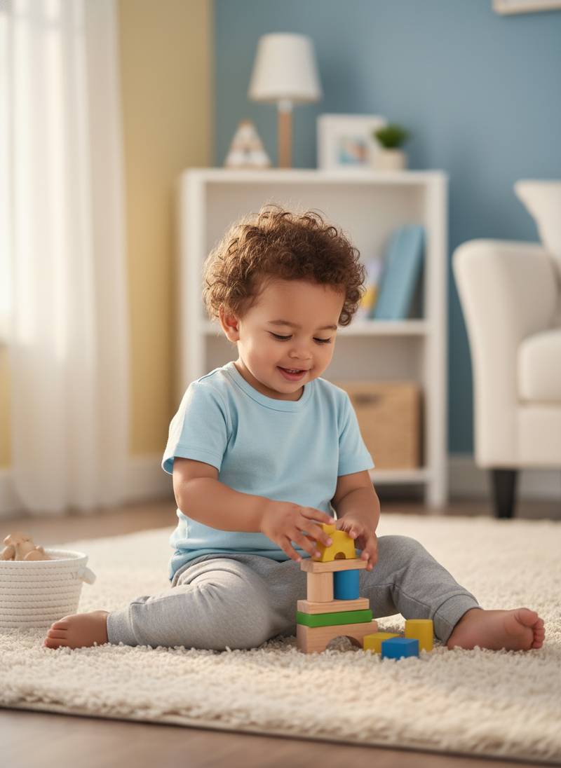 A happy toddler boy, around 2-3 years old, playing with blocks on a rug, wearing a soft pastel ALFABEE RIBINO top in a sunlit